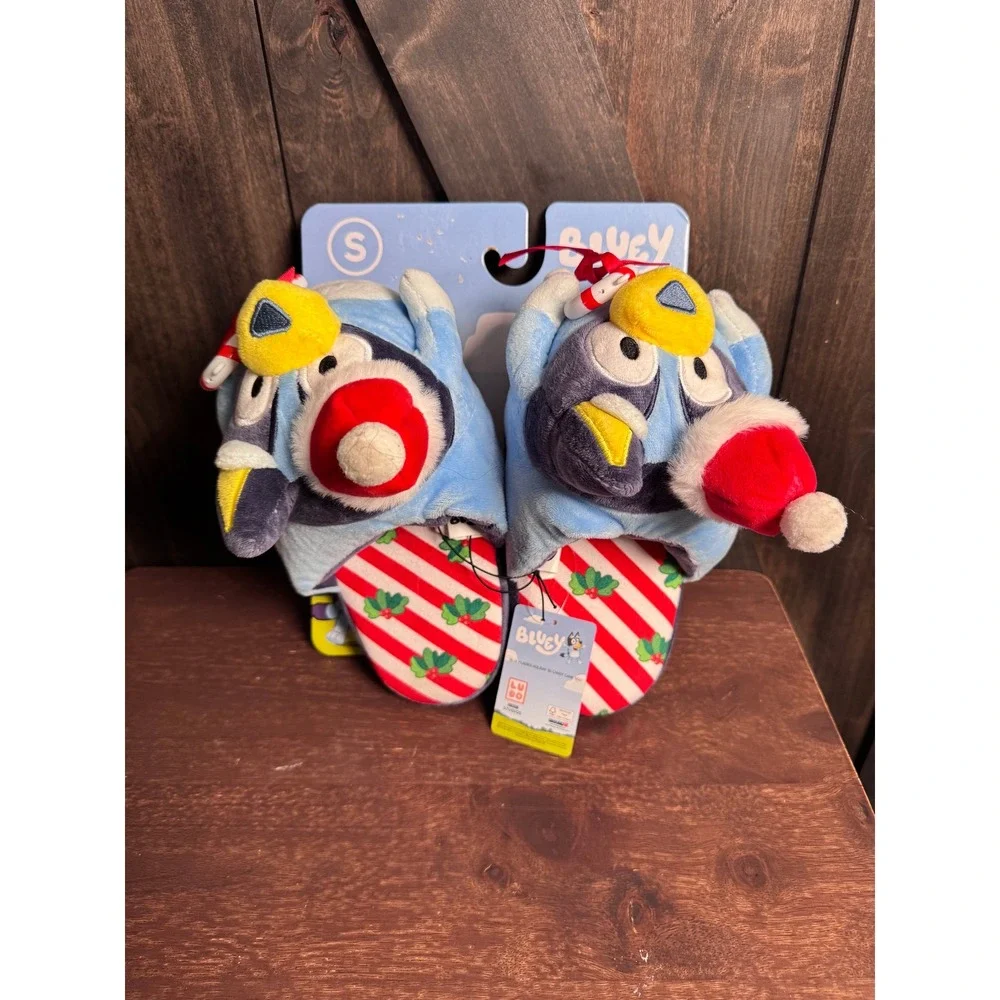 Bluey Kids Slippers Christmas Santa Hat Candy‎ Cane Plush Size S